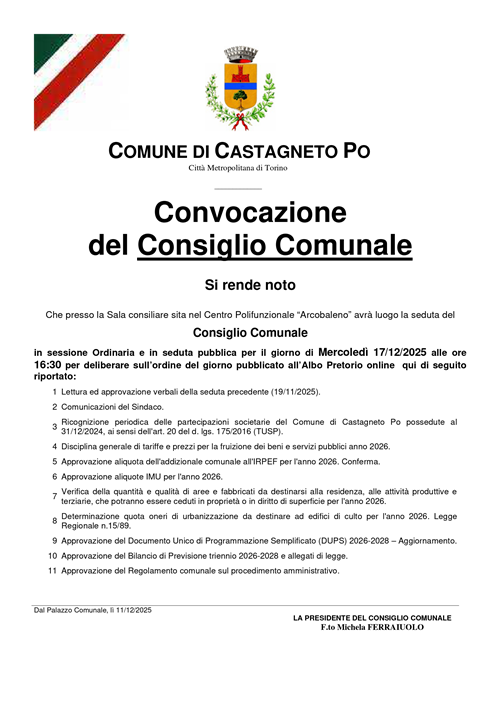 Convocazione del Consiglio Comunale il 17/12/2025 alle h. 16.30