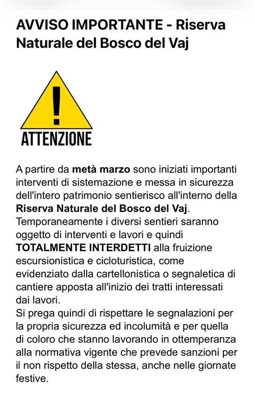 Avviso importanta Riserva Naturale del Bosco del Vaj